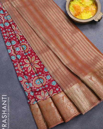 Banarasi cotton saree maroon and dark mustard with allover ajrakh prints and zari woven border - {{ collection.title }} by Prashanti Sarees