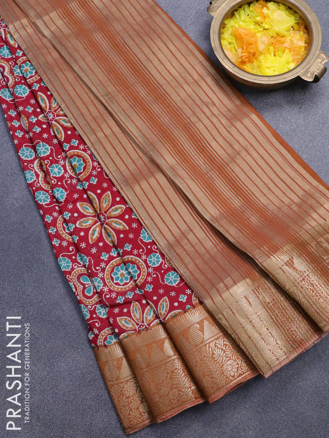 Banarasi cotton saree maroon and dark mustard with allover ajrakh prints and zari woven border - {{ collection.title }} by Prashanti Sarees