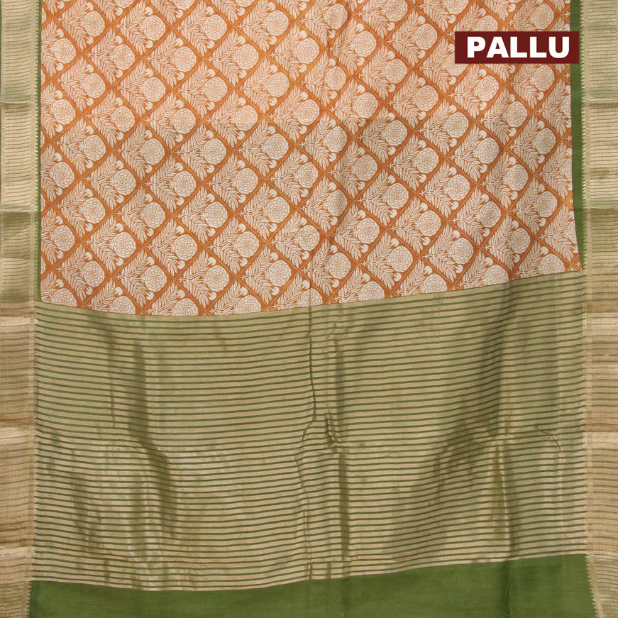 Banarasi cotton saree mustard yellow and green with allover floral prints and zari woven border - {{ collection.title }} by Prashanti Sarees