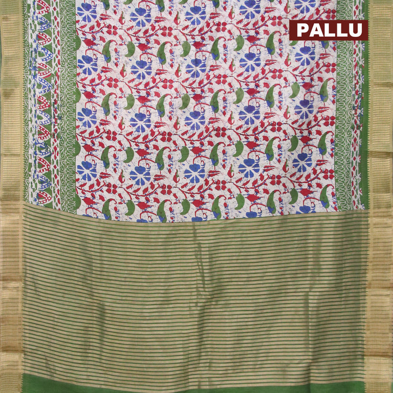 Banarasi cotton saree off white and light green with allover floral prints and zari woven border - {{ collection.title }} by Prashanti Sarees
