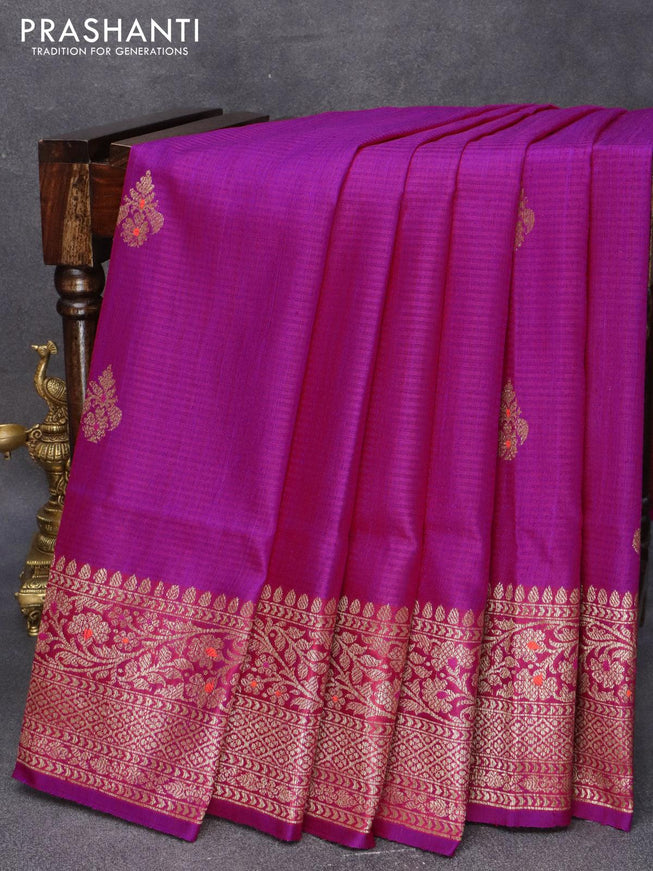 Banarasi handloom dupion saree magenta pink with thread & zari woven buttas and zari woven border - {{ collection.title }} by Prashanti Sarees