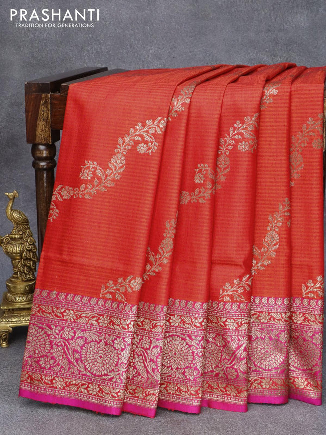 Banarasi handloom dupion saree red and magenta pink with allover thread & zari woven floral weaves and floral design zari woven border - {{ collection.title }} by Prashanti Sarees