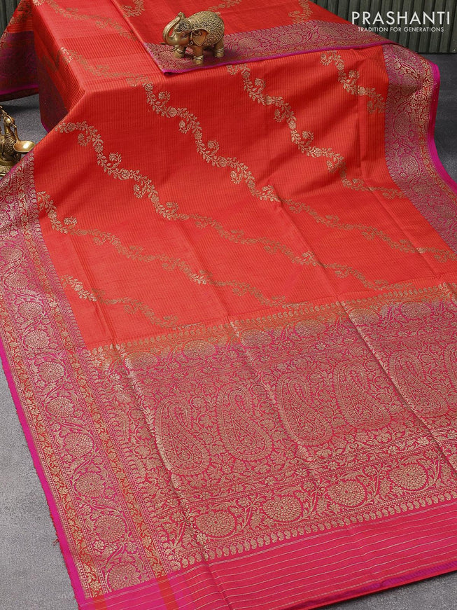 Banarasi handloom dupion saree red and magenta pink with allover thread & zari woven floral weaves and floral design zari woven border - {{ collection.title }} by Prashanti Sarees