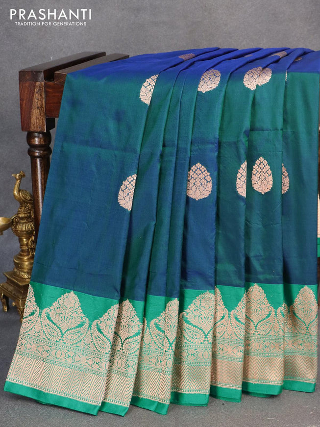 Banarasi katan silk saree dual shade of bluish green and teal green with zari woven buttas and zari woven border - {{ collection.title }} by Prashanti Sarees