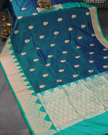 Banarasi katan silk saree dual shade of bluish green and teal green with zari woven buttas and zari woven border - {{ collection.title }} by Prashanti Sarees