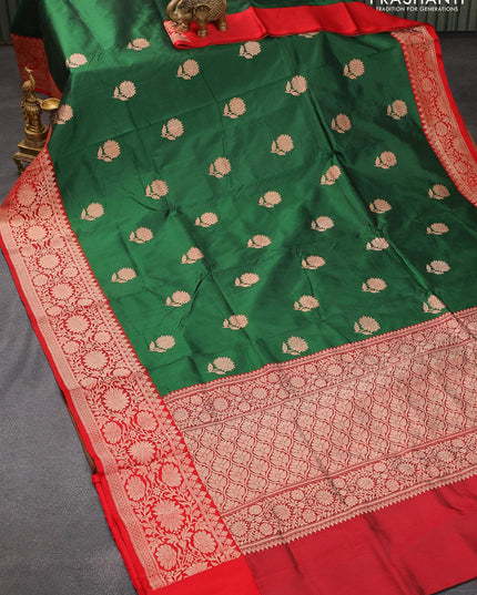 Banarasi katan silk saree green and red with floral zari woven buttas and floral copper zari woven border - {{ collection.title }} by Prashanti Sarees