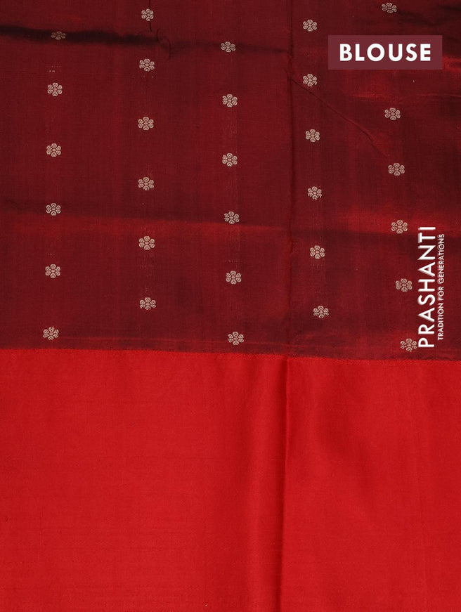 Banarasi katan silk saree green and red with floral zari woven buttas and floral copper zari woven border - {{ collection.title }} by Prashanti Sarees