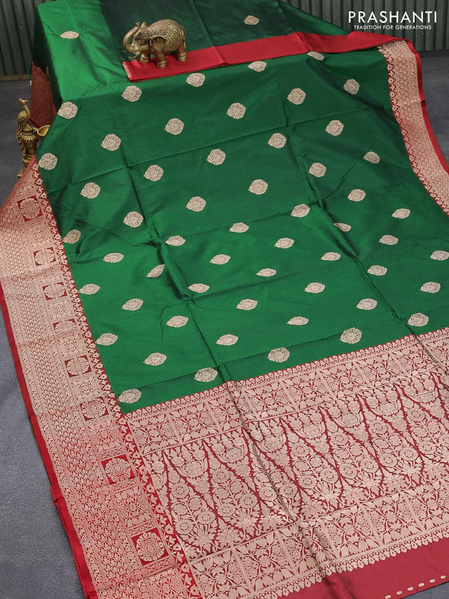 Banarasi katan silk saree green and red with zari woven buttas and zari woven border - {{ collection.title }} by Prashanti Sarees