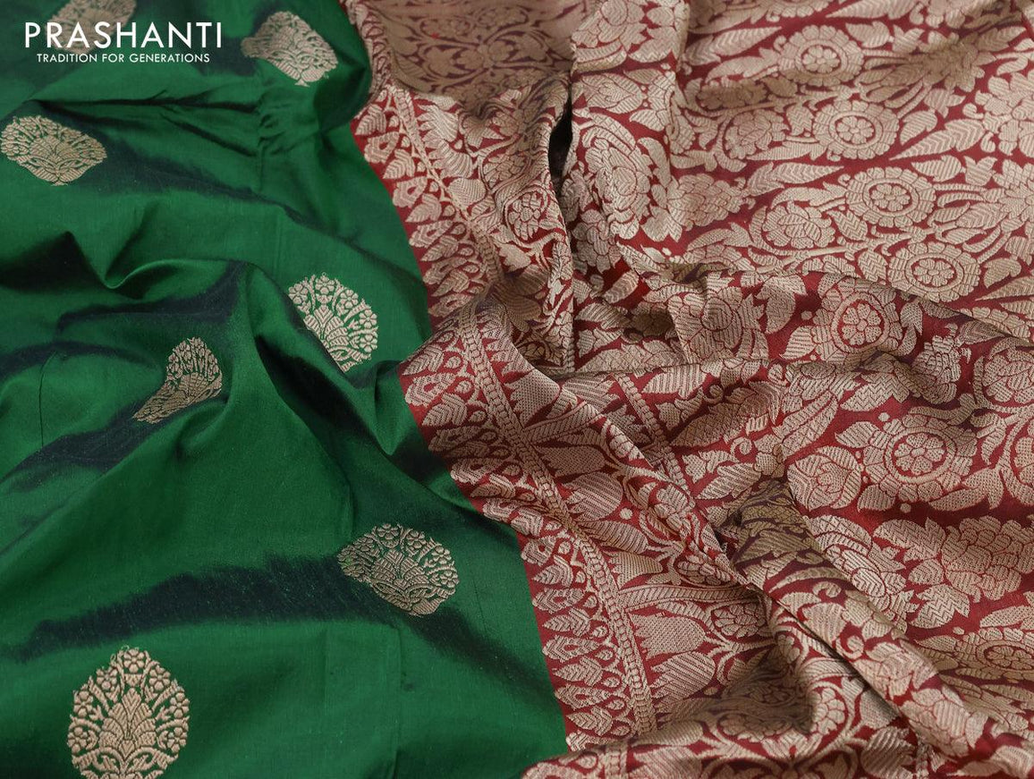 Banarasi katan silk saree green and red with zari woven buttas and zari woven border - {{ collection.title }} by Prashanti Sarees