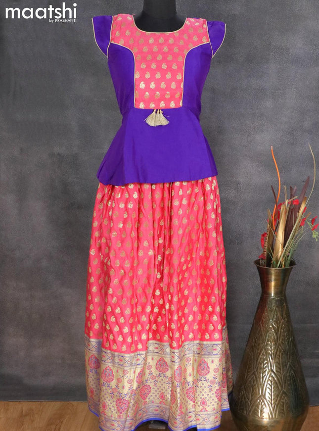 Banarasi kids lehanga blue and pink shade with patch work neck pattern and allover self emboss zari buttas & zari woven border for 13 years - {{ collection.title }} by Prashanti Sarees