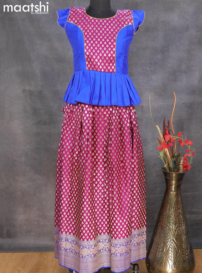 Banarasi kids lehanga blue and purple with patch work neck pattern and allover zari buttas & floral zari woven border for 13 years - {{ collection.title }} by Prashanti Sarees