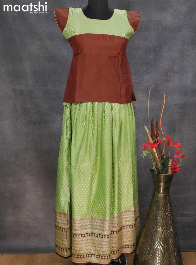 Banarasi kids lehanga brown and pista green with patch work neck pattern and allover zari buttas weaves & long zari woven border for 13 years - {{ collection.title }} by Prashanti Sarees