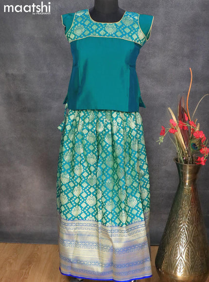 Banarasi kids lehanga dual shade of teal blue and blue with patch work neck pattern and allover silver zari buttas & long zari woven border for 11 years - {{ collection.title }} by Prashanti Sarees