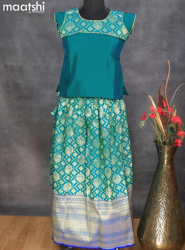 Banarasi kids lehanga dual shade of teal blue and blue with patch work neck pattern and allover silver zari buttas & long zari woven border for 11 years - {{ collection.title }} by Prashanti Sarees