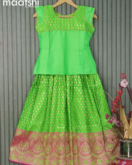 Banarasi kids lehanga parrot green and pink with patch work neck pattern and allover zari buttas & zari woven border for 9 years - {{ collection.title }} by Prashanti Sarees