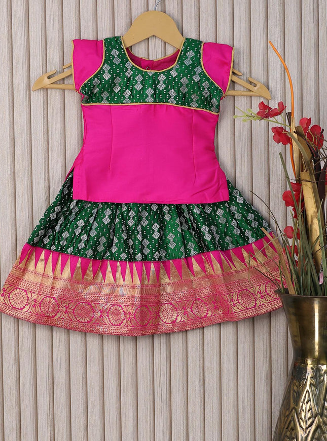 Banarasi kids lehanga pink and green with patch work neck pattern and allover silver zari weaves & temple design zari woven border for 0-6 months - {{ collection.title }} by Prashanti Sarees