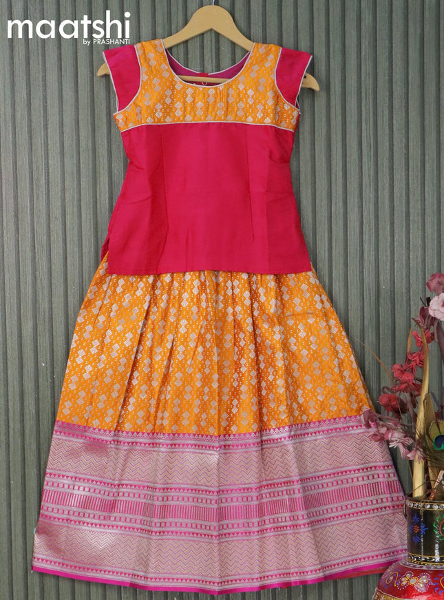 Banarasi kids lehanga pink and yellow with patch work neck pattern and allover silver zari weaves & long zari woven border for 8 years - {{ collection.title }} by Prashanti Sarees