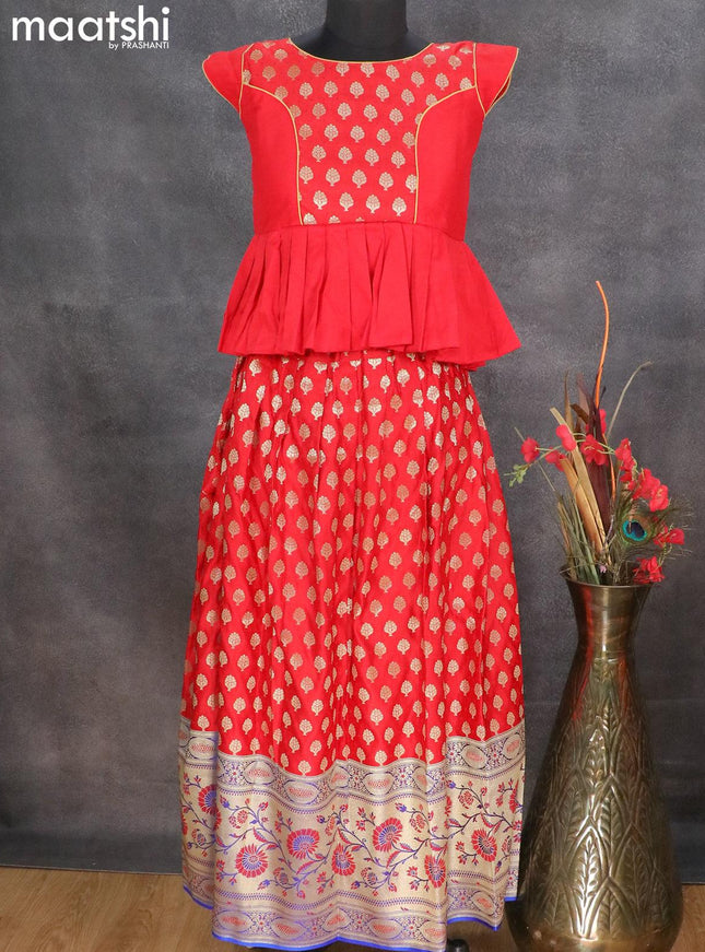 Banarasi kids lehanga red and blue with patch work neck pattern and allover self emboss zari buttas & long floral zari border for 11 years - {{ collection.title }} by Prashanti Sarees
