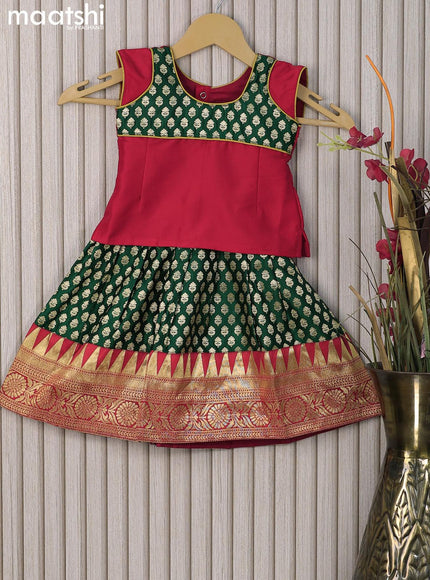 Banarasi kids lehanga red and green with patch work neck pattern and allover zari buttas & temple design zari woven border for 0-6 months - {{ collection.title }} by Prashanti Sarees