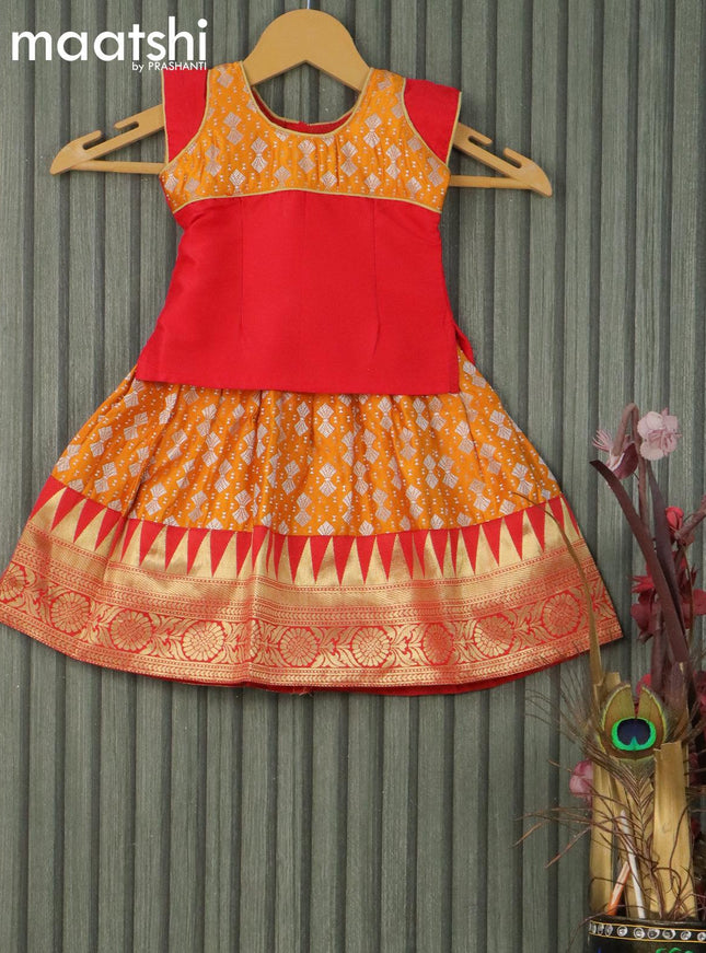 Banarasi kids lehanga red and mango yellow with patch work neck pattern and allover silver zari weaves & temple design zari woven border for 0-6 months - {{ collection.title }} by Prashanti Sarees