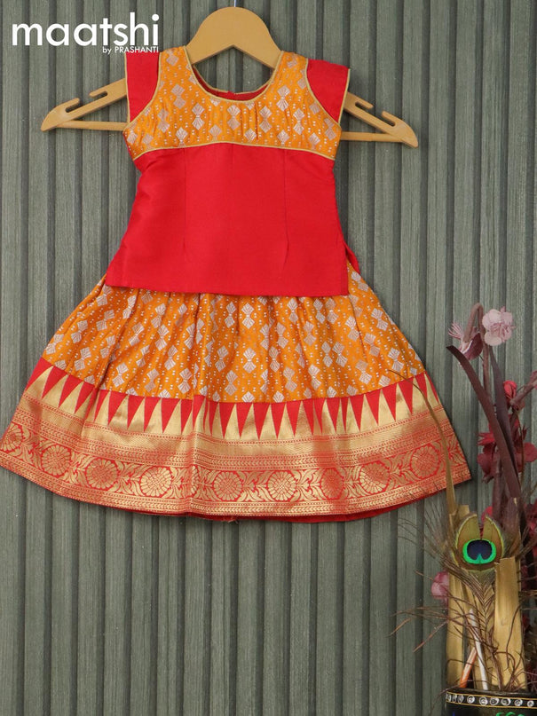 Banarasi kids lehanga red and mango yellow with patch work neck pattern and allover silver zari weaves & temple design zari woven border for 0-6 months - {{ collection.title }} by Prashanti Sarees