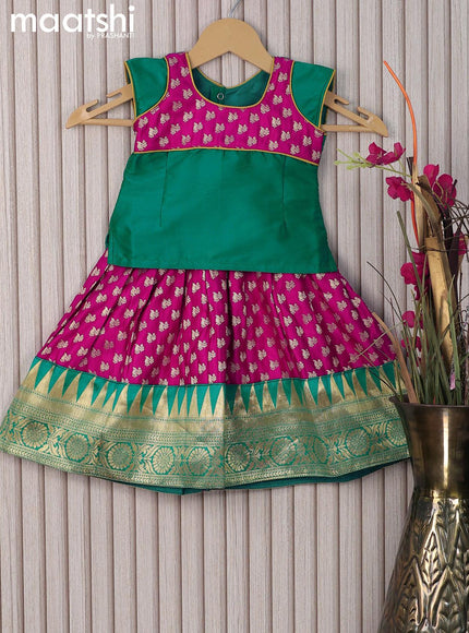 Banarasi kids lehanga teal green and pink with patch work neck pattern and allover zari buttas & temple design zari woven border for 0-6 months - {{ collection.title }} by Prashanti Sarees