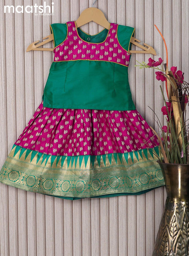 Banarasi kids lehanga teal green and pink with patch work neck pattern and allover zari buttas & temple design zari woven border for 0-6 months - {{ collection.title }} by Prashanti Sarees