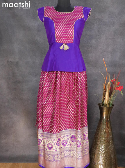 Banarasi kids lehanga violet and dark purple with patch work neck pattern and allover zari buttas & long zari woven border for 13 years - {{ collection.title }} by Prashanti Sarees