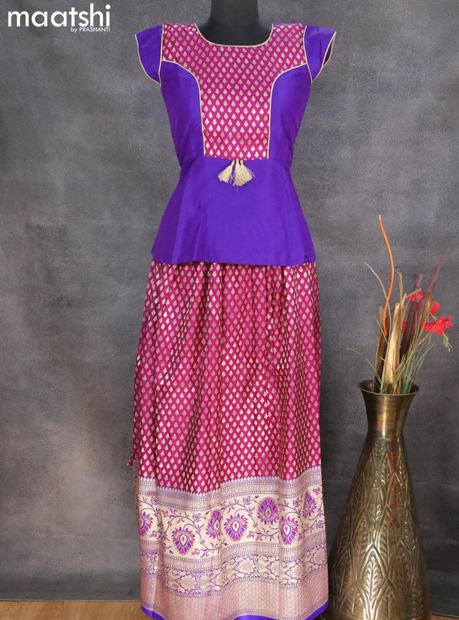 Banarasi kids lehanga violet and dark purple with patch work neck pattern and allover zari buttas & long zari woven border for 13 years - {{ collection.title }} by Prashanti Sarees