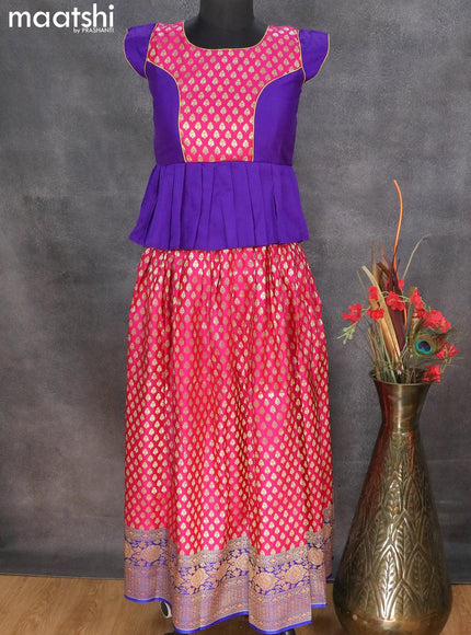 Banarasi kids lehanga violet and pink with patch work neck pattern and allover zari buttas & floral zari border for 11 years - {{ collection.title }} by Prashanti Sarees