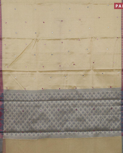 Banarasi kora saree cream and grey with allover self emboss & mirror work and woven border - {{ collection.title }} by Prashanti Sarees