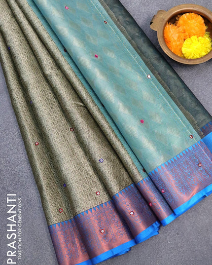 Banarasi kora saree grey and blue with allover self emboss & mirror work and copper zari woven border - {{ collection.title }} by Prashanti Sarees