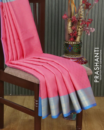 Banarasi kora saree light pink and blue with allover self emboss and zari woven border - {{ collection.title }} by Prashanti Sarees