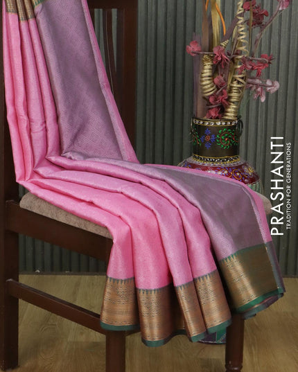 Banarasi kora saree light pink and bottle green with allover self emboss and zari woven border - {{ collection.title }} by Prashanti Sarees
