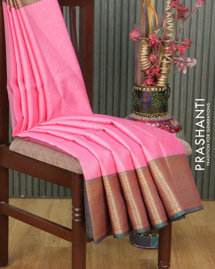 Banarasi kora saree light pink and dark green with allover self emboss and zari woven border - {{ collection.title }} by Prashanti Sarees