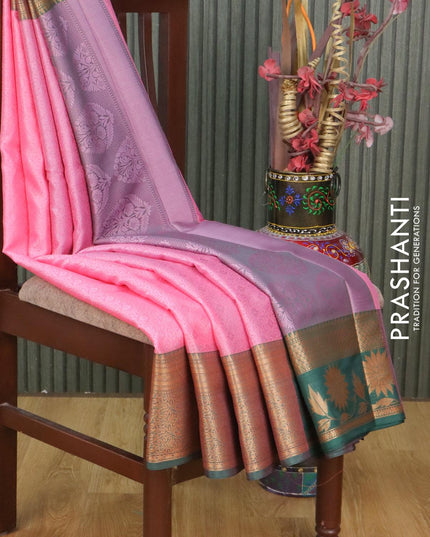 Banarasi kora saree light pink and dark green with allover self emboss and zari woven border - {{ collection.title }} by Prashanti Sarees