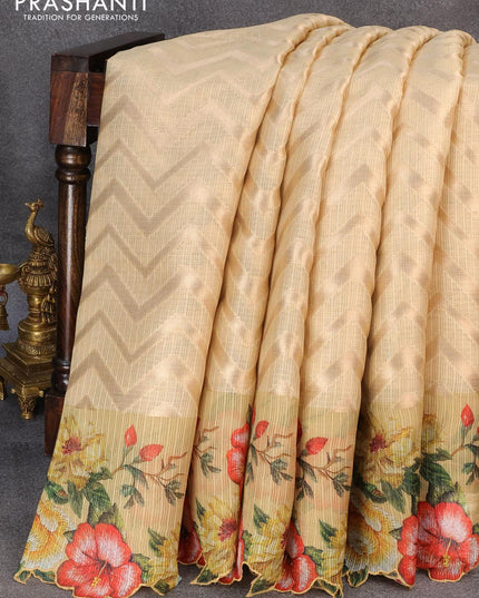 Banarasi kota saree beige and sandal with allover zig zag zari weaves and floral design printed border - {{ collection.title }} by Prashanti Sarees