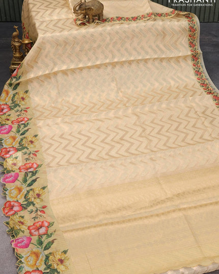 Banarasi kota saree beige and sandal with allover zig zag zari weaves and floral design printed border - {{ collection.title }} by Prashanti Sarees