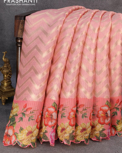 Banarasi kota saree light pink with allover zig zag zari weaves and floral design printed border - {{ collection.title }} by Prashanti Sarees