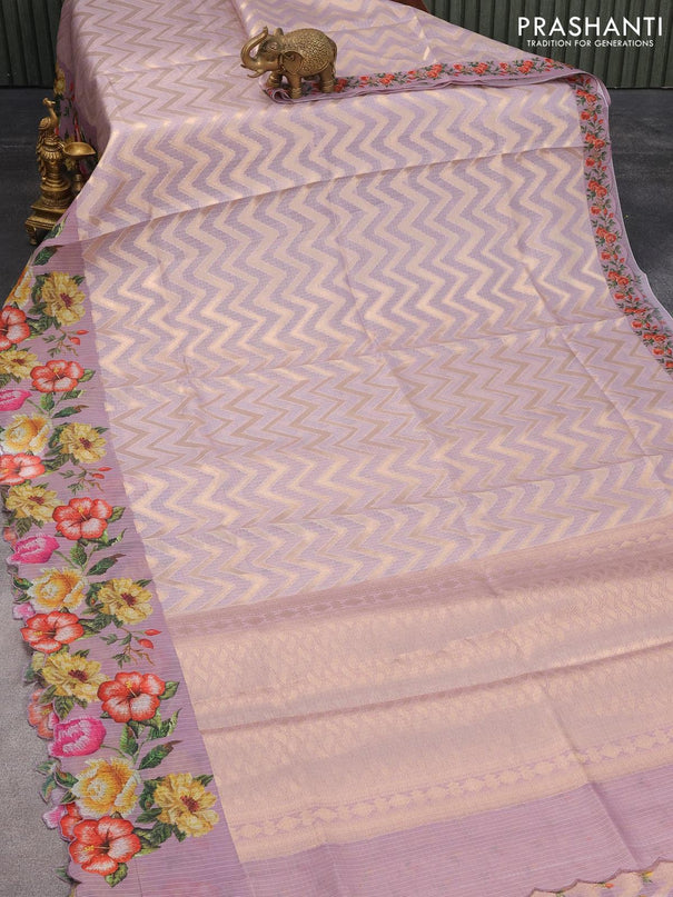 Banarasi kota saree mild lavender shade with allover zig zag zari weaves and floral design printed border - {{ collection.title }} by Prashanti Sarees