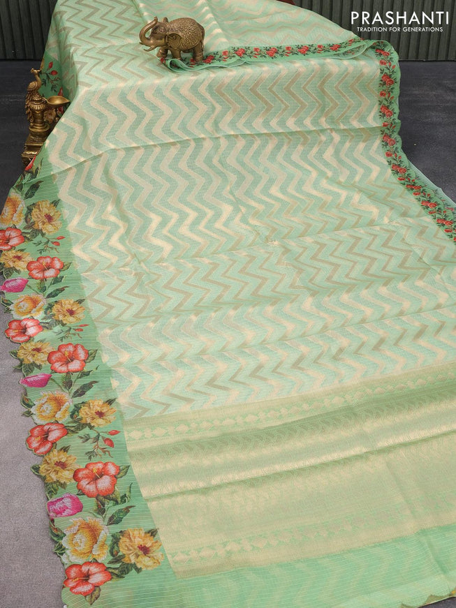 Banarasi kota saree teal green shade with allover zig zag zari weaves and floral design printed border - {{ collection.title }} by Prashanti Sarees