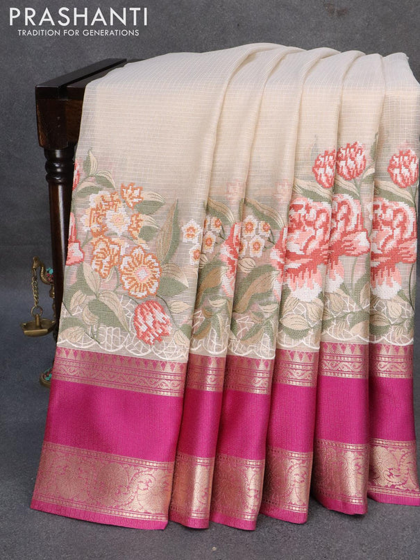 Banarasi kota tissue saree off white and purple with floral design embroidery work and rettapet zari woven border - {{ collection.title }} by Prashanti Sarees