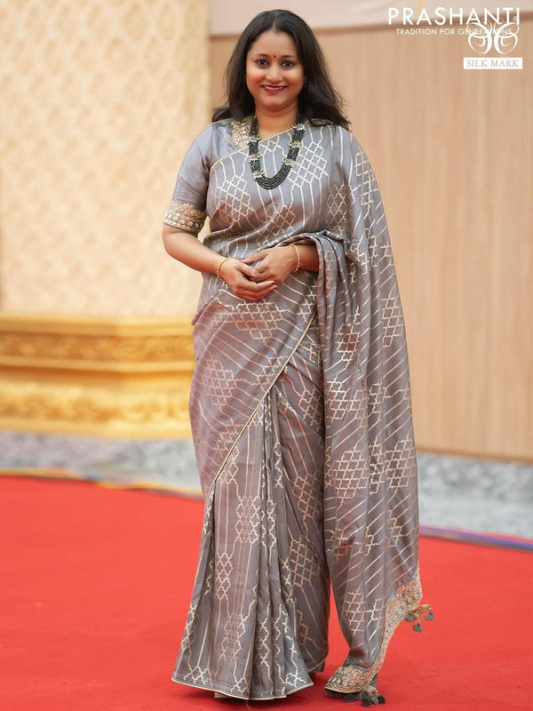 Banarasi munga tussar silk saree grey with allover zari weaves and lace work border - {{ collection.title }} by Prashanti Sarees