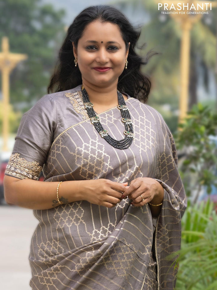 Banarasi munga tussar silk saree grey with allover zari weaves and lace work border - {{ collection.title }} by Prashanti Sarees