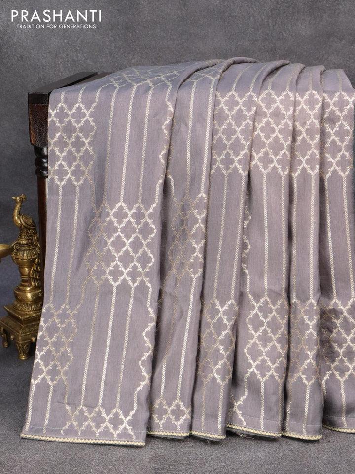Banarasi munga tussar silk saree grey with allover zari weaves and lace work border - {{ collection.title }} by Prashanti Sarees