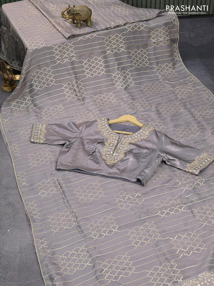Banarasi munga tussar silk saree grey with allover zari weaves and lace work border - {{ collection.title }} by Prashanti Sarees