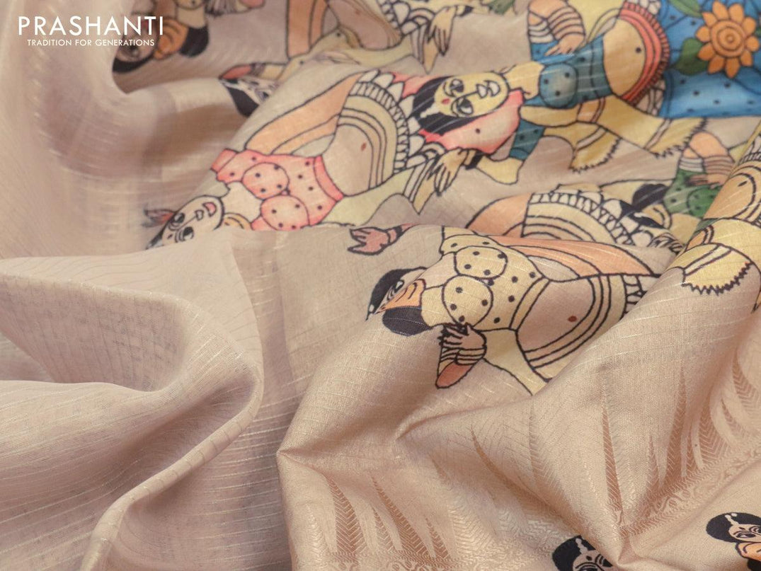Banarasi organza saree beige with allover zari woven stripes pattern and kalamkari printed border - {{ collection.title }} by Prashanti Sarees