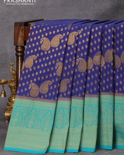 Banarasi semi crepe silk saree blue and teal blue with allover zari woven paisley butta weaves and long zari woven border - {{ collection.title }} by Prashanti Sarees