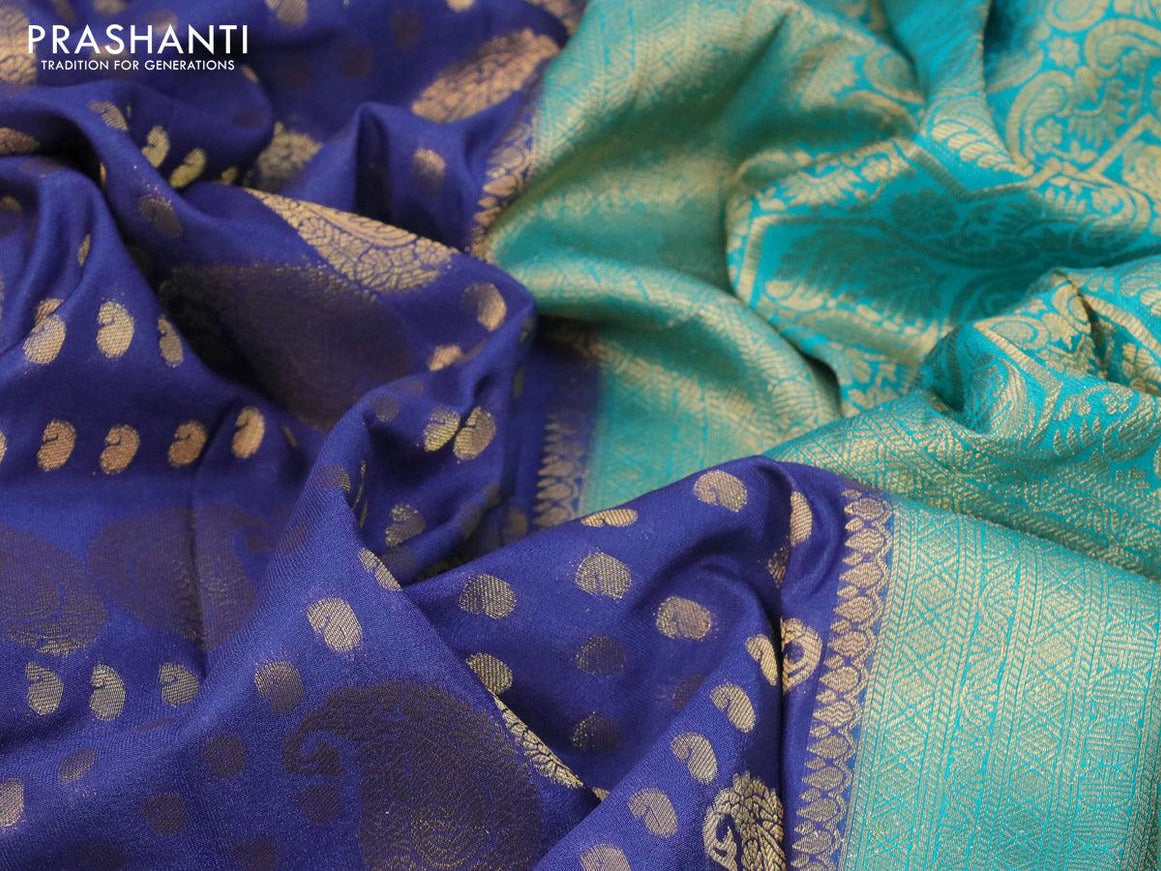 Banarasi semi crepe silk saree blue and teal blue with allover zari woven paisley butta weaves and long zari woven border - {{ collection.title }} by Prashanti Sarees