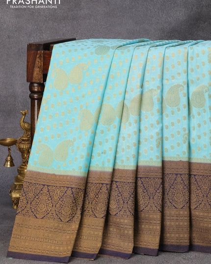 Banarasi semi crepe silk saree light blue and dark blue with allover zari woven paisley butta weaves and long zari woven border - {{ collection.title }} by Prashanti Sarees